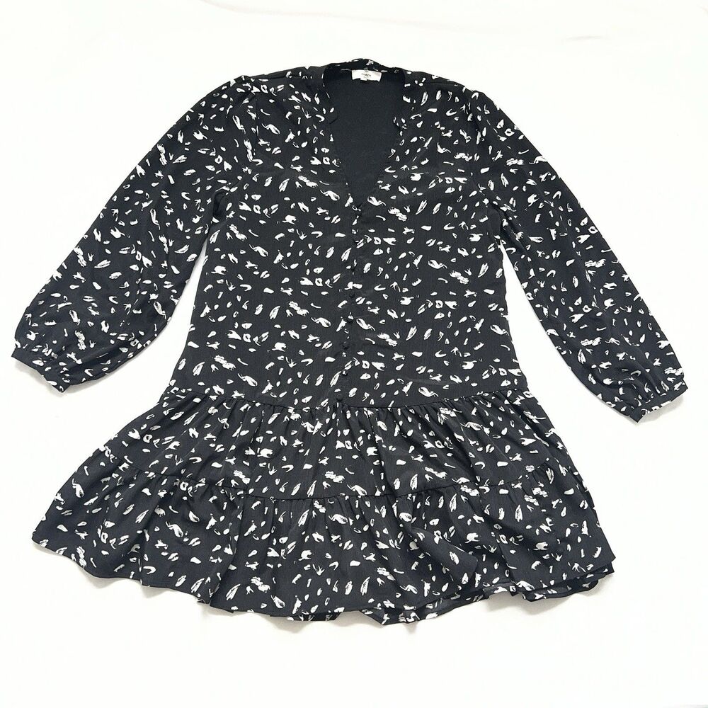 Entro Black White Feather Print Tiered Babydoll Mini Dress Boho Small